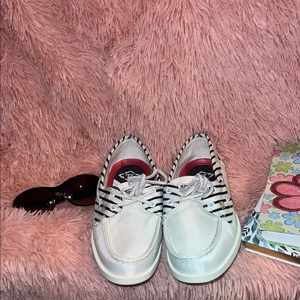 SperryWhite and Black Striped Boat Shoes